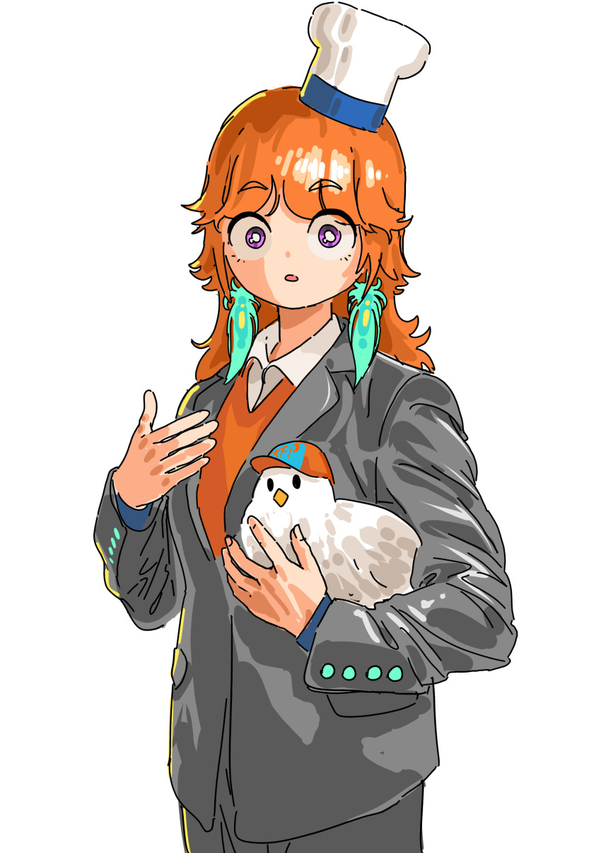 1girl, absurdres, animal, bangs, bird, chef_hat, chicken, collared_shirt