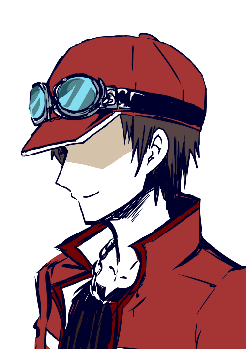 1boy, 428-10, black_shirt, brown_hair, covering_eyes, goggles, goggles_on_headwear, hat