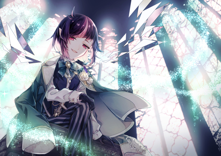 1boy, androgynous, black_hair, cloak, flower, highres, lilia_vanrouge, long_sleeves