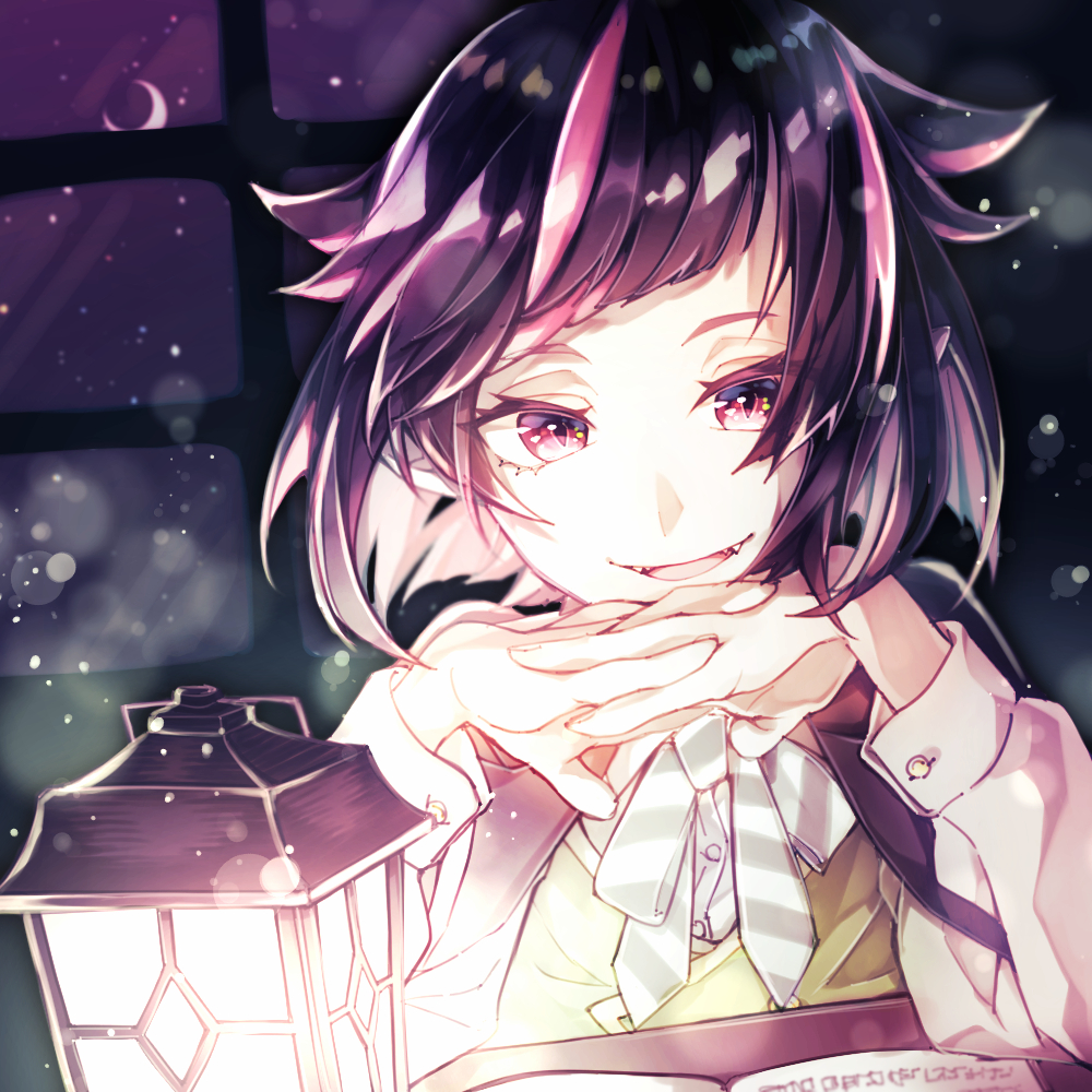 1boy, androgynous, black_hair, book, crescent, fangs, head_rest, lantern