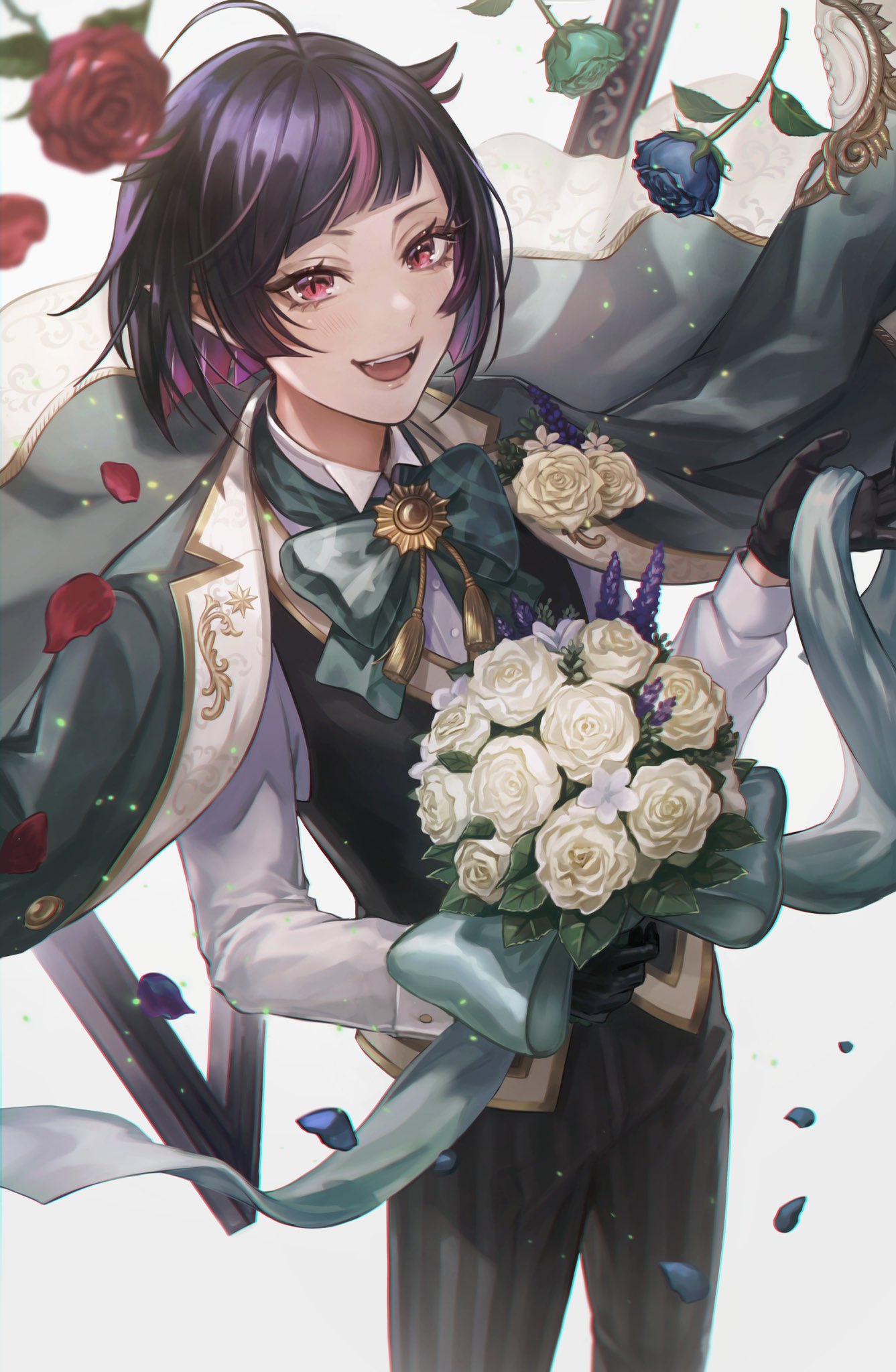 1boy, androgynous, black_hair, bouquet, bow, fangs, flower, formal