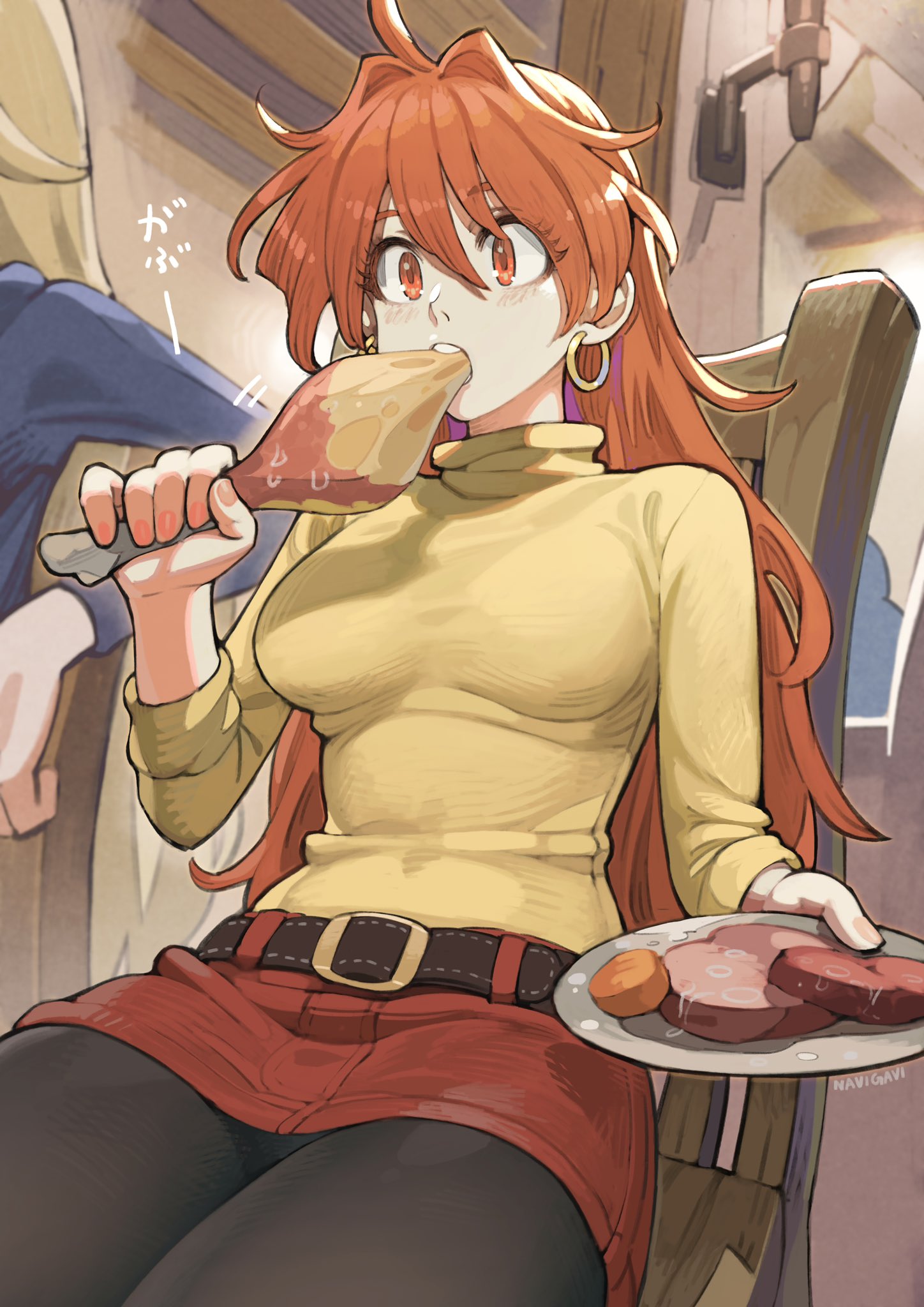 1boy, 1girl, ahoge, artist_name, belt, blonde_hair, earrings, eating, food, gourry_gabriev, highres, hoop_earrings, jewelry, jun_(seojh1029), lina_inverse, long_hair, meat, miniskirt, orange_eyes, orange_hair, plate, shirt, sitting, skirt, slayers, wooden_chair, yellow_shirt
