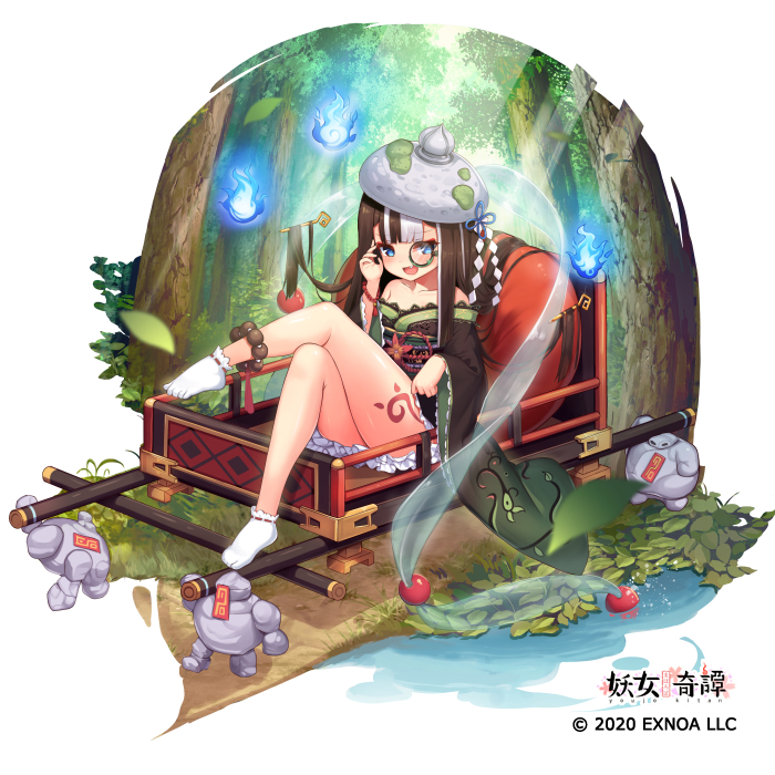 1girl, :d, bare_legs, blue_eyes, blue_fire, brown_hair, crossed_legs, fang