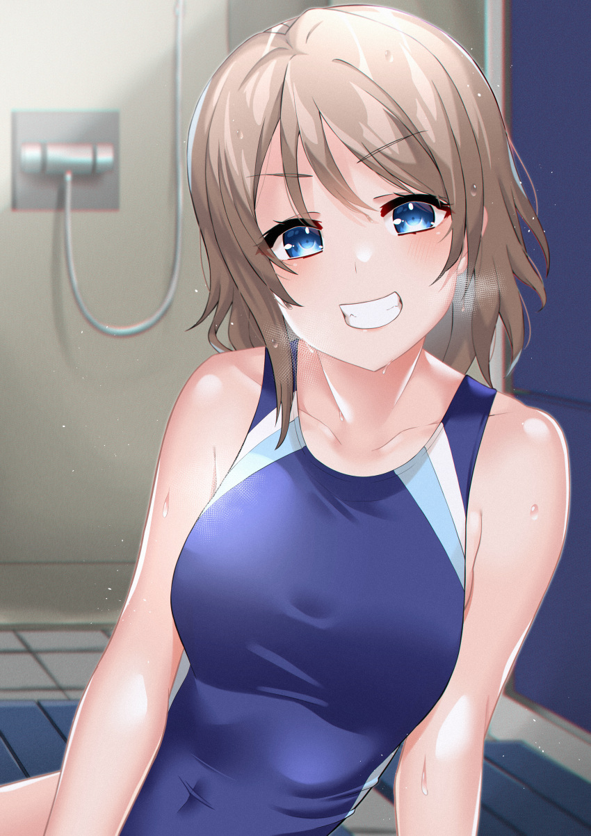 1girl, absurdres, bathroom, blue_eyes, blue_swimsuit, blush, breasts, breath, collarbone, competition_school_swimsuit, competition_swimsuit, covered_navel, grey_hair, highres, indoors, large_breasts, locker, locker_room, looking_at_viewer, love_live!, love_live!_sunshine!!, one-piece_swimsuit, restroom, school_swimsuit, short_hair, shower_(place), sitting, slope_(check238), smile, solo, swimsuit, upper_body, watanabe_you