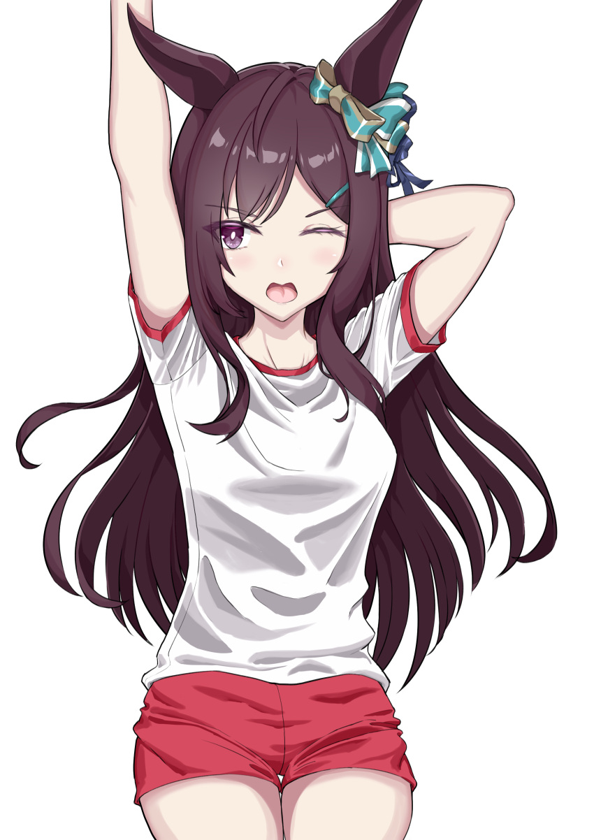 1girl, absurdres, animal_ears, arms_up, black_hair, commentary_request, hair_between_eyes, hair_ornament, highres, horse_ears, horse_girl, horse_tail, mejiro_dober_(umamusume), one_eye_closed, open_mouth, senbonsang, shorts, simple_background, sportswear, tail, umamusume, violet_eyes, white_background