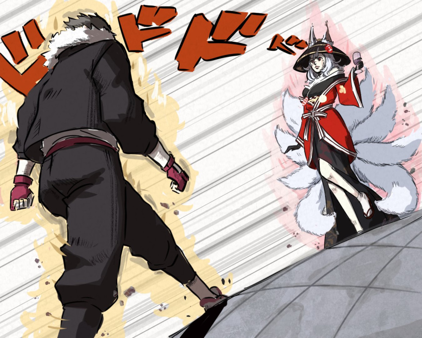 1boy, 1girl, animal_ear_fluff, animal_ears, araki_hirohiko_(style), aura, black_headwear, black_jacket