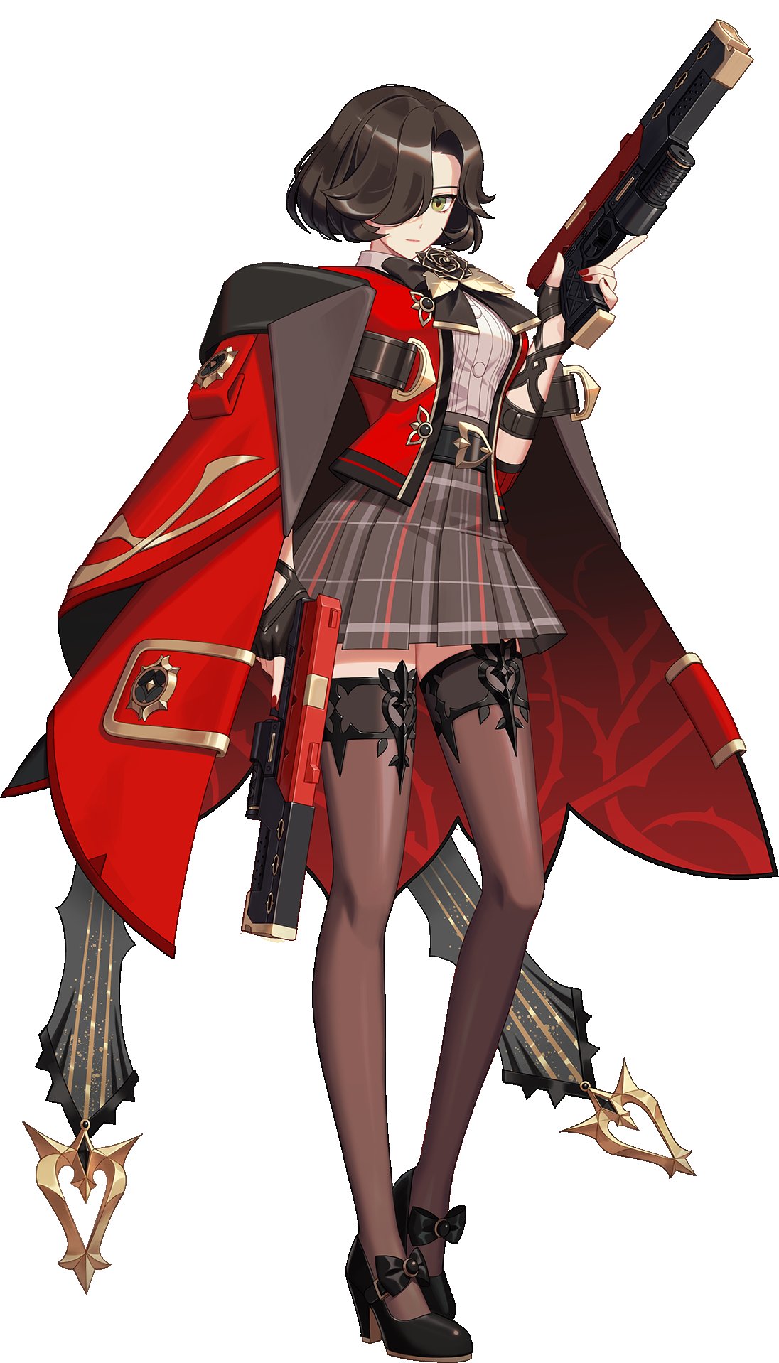 artist_request, belt, black_bow, black_survival, bow, closed_mouth, dual_wielding, english_commentary, eternal_return:_black_survival, fingerless_gloves, frilled_skirt, frills, full_body, gloves, green_eyes, gun, hair_over_one_eye, high_heels, highres, holding, holding_gun, holding_weapon, looking_at_viewer, official_alternate_costume, official_art, on_shoulder, pantyhose, pleated_skirt, red_nails, rozzi_(black_survival), short_hair, simple_background, skirt, solo, thigh-highs, weapon, white_background