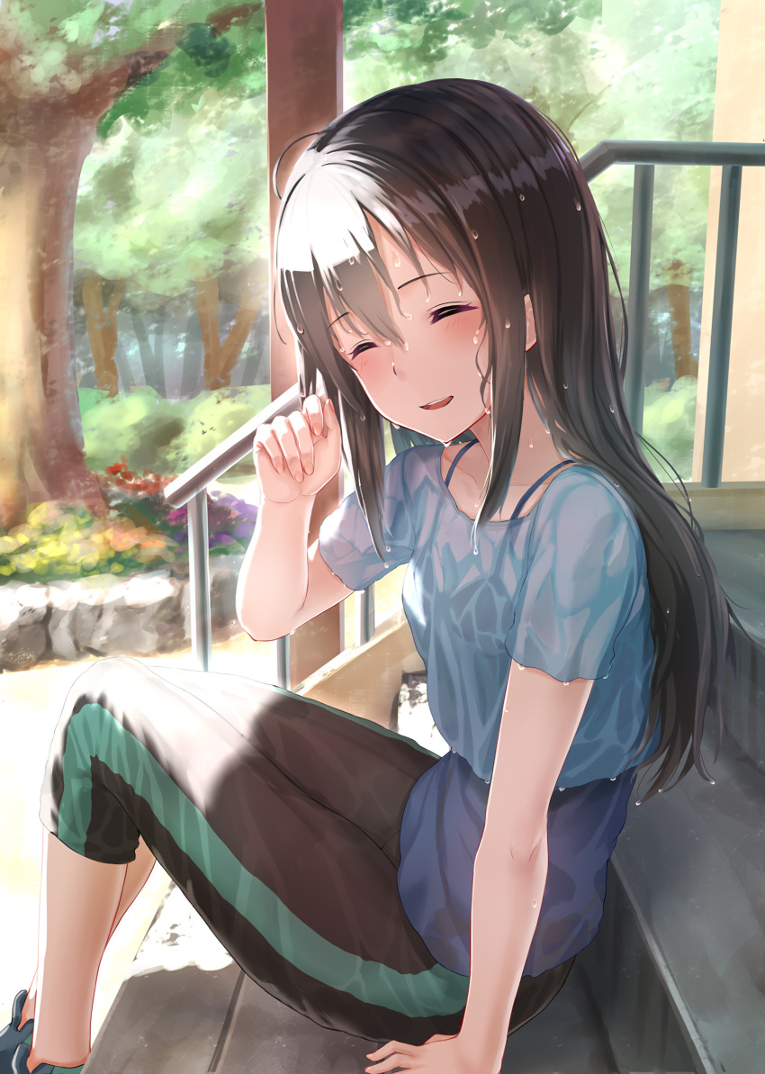 1girl, black_hair, blush, dripping, flower, hand_on_own_head, idolmaster, idolmaster_cinderella_girls, long_hair, running_shoes, scenery, see-through, shadow, shibuya_rin, sleeveless, smile, sportswear, sunlight, sweat, sweating_profusely, tree, wet, wet_clothes