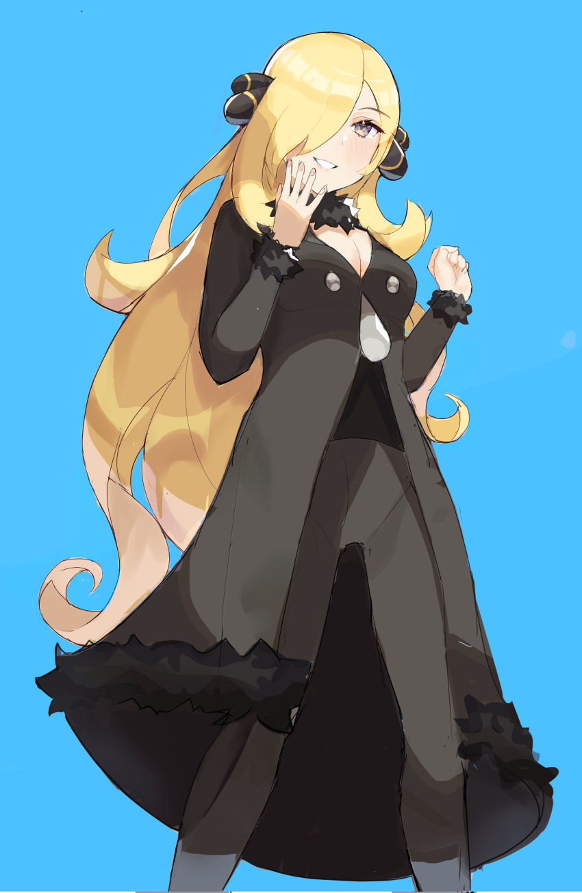 1girl, absurdres, black_coat, blonde_hair, blue_background, coat, cynthia_(pokemon), fur-trimmed_coat
