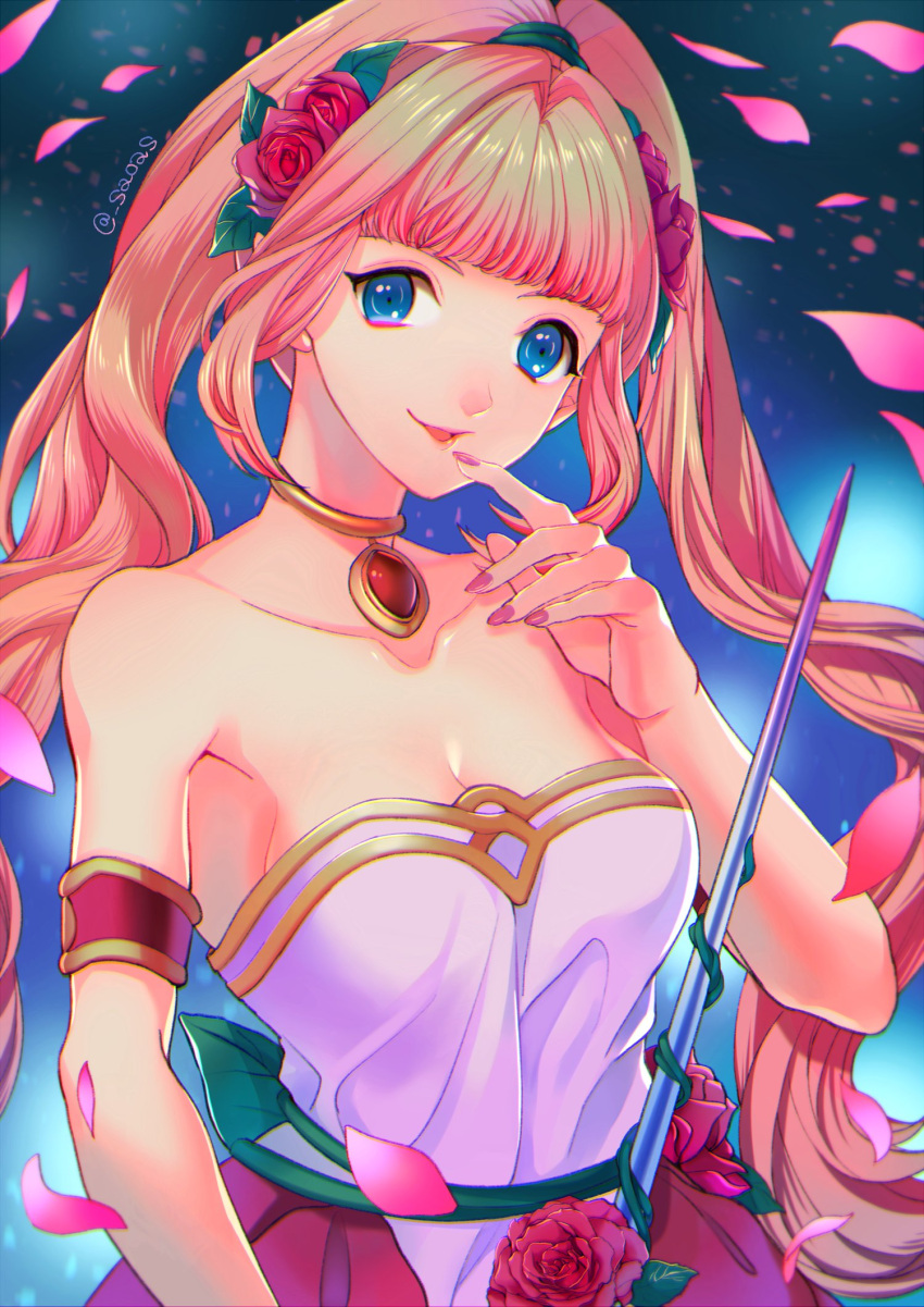 1girl, blue_eyes, breasts, choker, dress, finger_to_mouth, flora_(golden_sun), flower