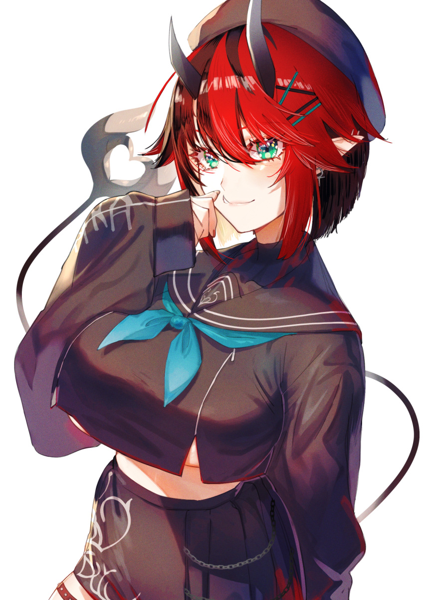 1girl, bangs, black_hair, black_sailor_collar, black_shirt, black_skirt, breasts, commentary_request