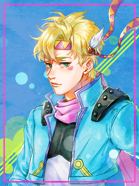 1boy, battle_tendency, blonde_hair, blue_eyes, blue_jacket, caesar_anthonio_zeppeli, cropped_jacket, facial_mark