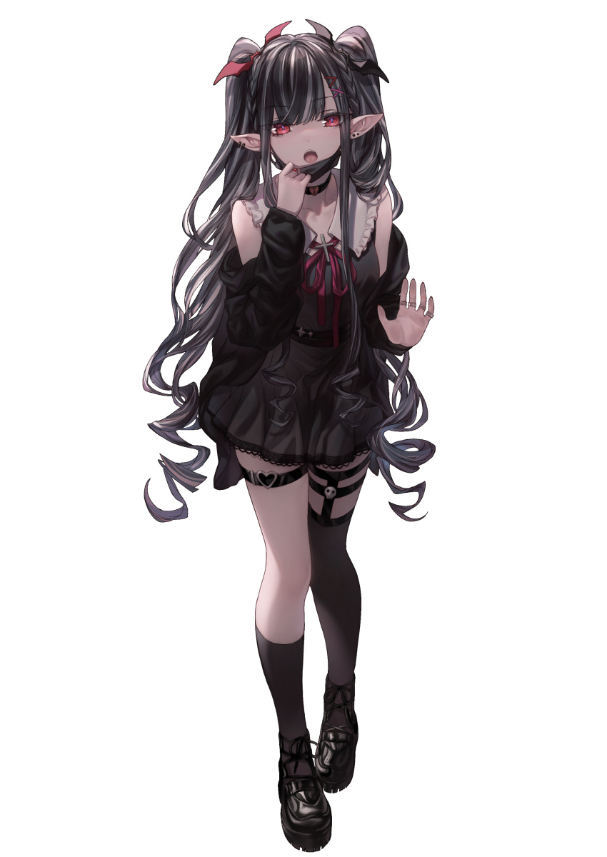 1girl, absurdres, asymmetrical_legwear, bangs, bare_shoulders, bat_hair_ornament, belt, black_belt, black_choker, black_footwear, black_hair, black_jacket, black_legwear, black_mask, blunt_bangs, choker, collarbone, curly_hair, dress, ear_piercing, earrings, eyebrows_visible_through_hair, frilled_sailor_collar, frills, full_body, garter_straps, grey_dress, hair_ornament, hair_ribbon, heart, heart_choker, highres, jacket, jewelry, kneehighs, lace-trimmed_dress, lace_trim, leon_v, long_hair, looking_at_viewer, mask, mask_pull, mouth_mask, off_shoulder, open_clothes, open_jacket, open_mouth, original, piercing, platform_footwear, pointy_ears, red_eyes, red_ribbon, ribbon, ring, sailor_collar, shoes, simple_background, solo, standing, surgical_mask, thigh-highs, thigh_strap, vampire, very_long_hair, white_background, white_sailor_collar