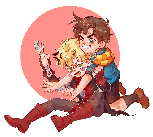 2boys, age_regression, anger_vein, bandaid, bandaid_on_nose, battle_tendency, blonde_hair, blue_eyes