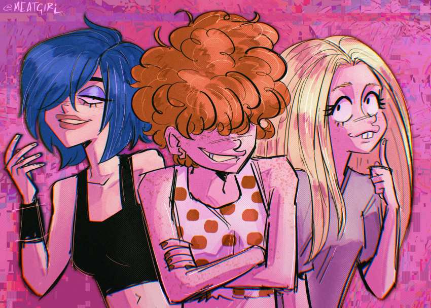 3girls, blonde_hair, blue_hair, buck_teeth, ed_edd_n_eddy, freckles, grin, hair_over_one_eye, highres, lee_kanker, marie_kanker, may_kanker, meatgiri, multiple_girls, short_hair, siblings, sisters, smile, tank_top, teeth