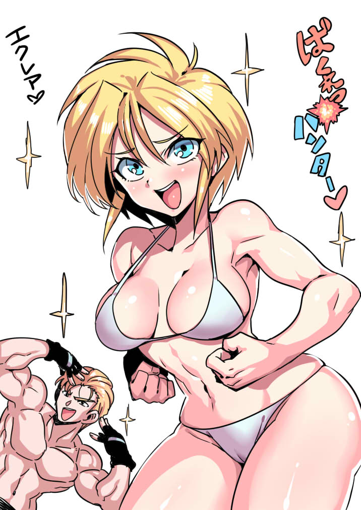 1boy, 1girl, bakuretsu_hunters, blonde_hair, blue_eyes, breasts, brother_and_sister, clenched_hands, eclair_mocha, fingerless_gloves, gateau_mocha, gloves, looking_at_viewer, muscular, muscular_male, navel, open_mouth, short_hair, siblings, simple_background, smile, swimsuit, tukiwani, white_background
