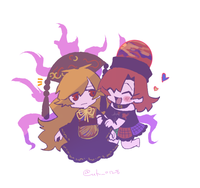 2girls, chain, chibi, chinese_clothes, crescent, gold_chain, hecatia_lapislazuli, junko_(touhou)