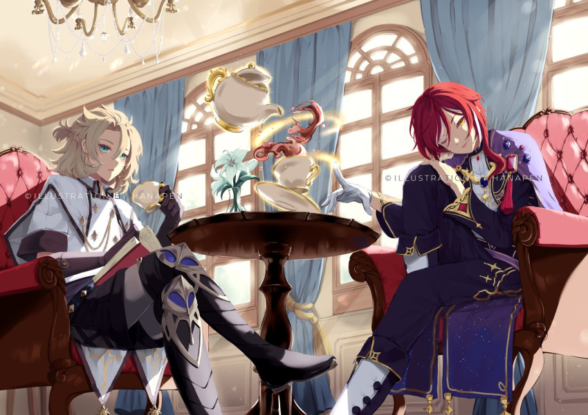 2boys, albedo_(genshin_impact), blonde_hair, blue_eyes, boots, chandelier, crossover, cup