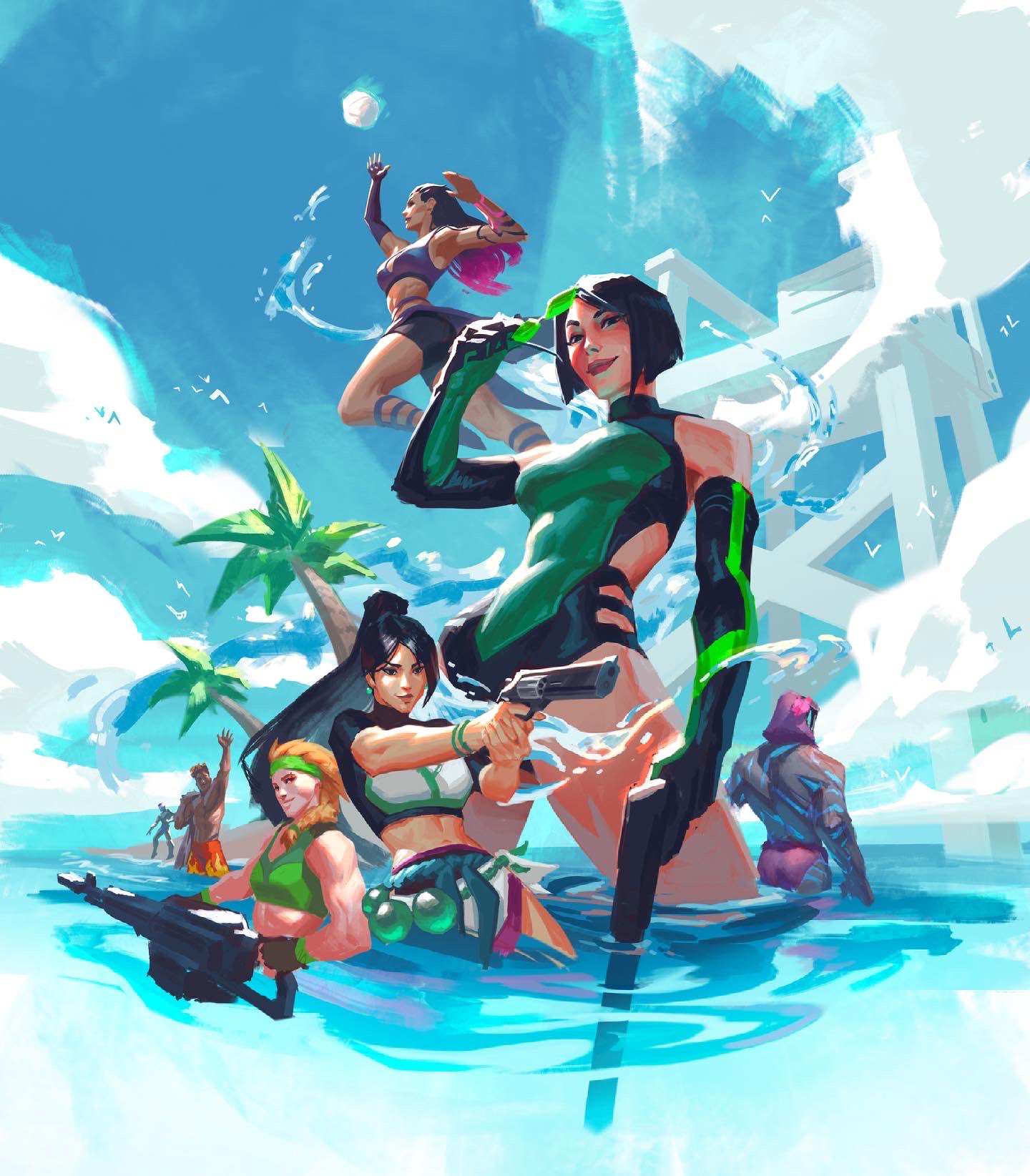 3boys, 4girls, adapted_costume, bike_shorts, bikini, black_hair, black_shorts, breasts, brown_hair, clouds, covered_navel, dark-skinned_male, dark_skin, english_commentary, green_headband, green_swimsuit, gun, handgun, headband, highres, holding, holding_gun, holding_weapon, hood, hood_up, humanoid_robot, jeremy_anninos, kay/o_(valorant), lifeguard_chair, mask, medium_breasts, midriff, multiple_boys, multiple_girls, ocean, omen_(valorant), one-piece_swimsuit, orange_hair, palm_tree, phoenix_(valorant), pistol, ponytail, purple_bikini, revolver, sage_(valorant), short_hair, shorts, sky, skye_(valorant), smile, suppressor, swimsuit, tree, valorant, viper_(valorant), volleyball, waving, weapon