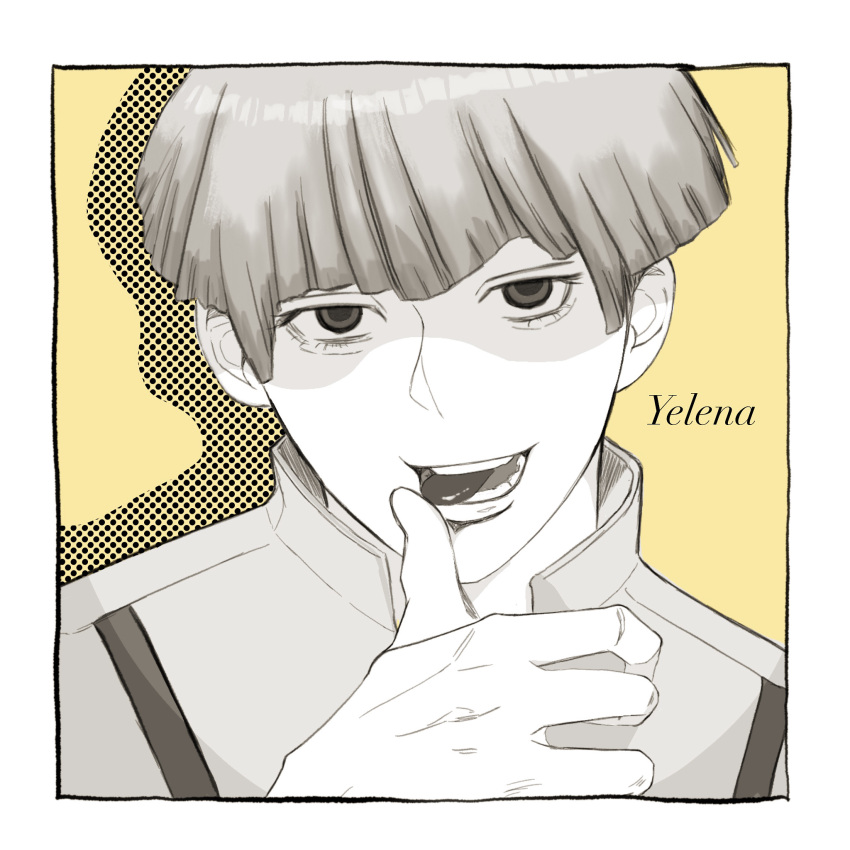 1girl, bangs, blonde_hair, blunt_bangs, bob_cut, brown_eyes, formal, hand_up