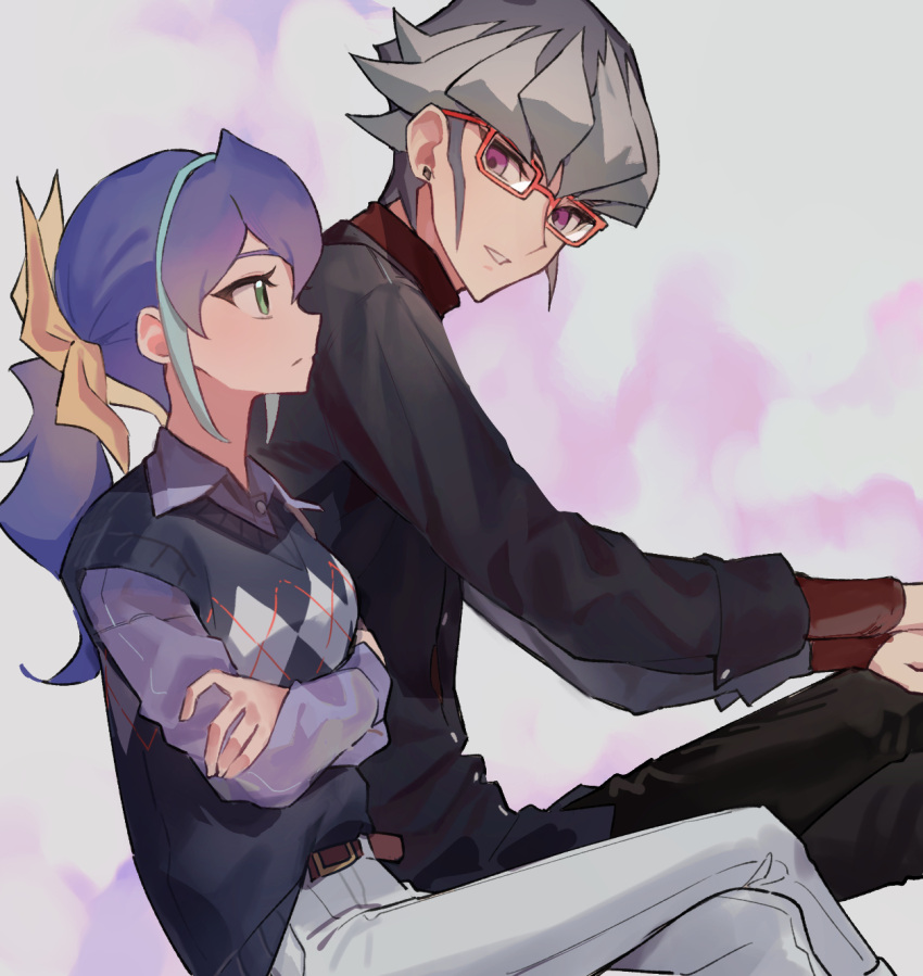 1boy, 1girl, akaba_reiji, alternate_costume, belt, bespectacled, blue_hair, dated
