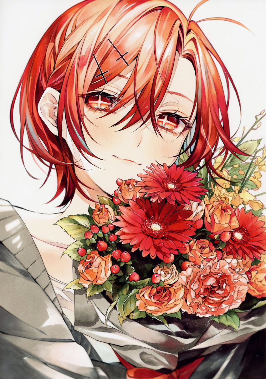 1girl, bouquet, bow, cardigan, chrysanthemum, commentary, cross_hair_ornament, eyelashes