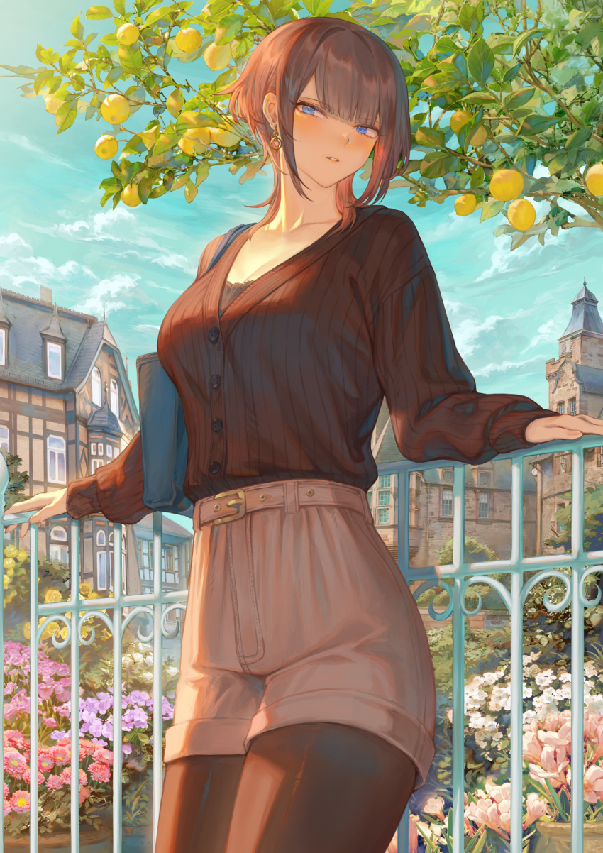 1girl, bangs, belt, black_legwear, blue_eyes, blush, breasts, brown_belt