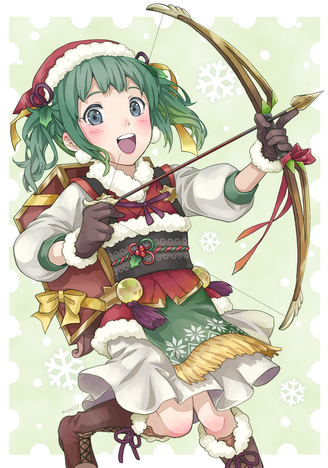 alternate_costume, arrow_(projectile), bangs, blush, boots, bow_(weapon), christmas, fire_emblem