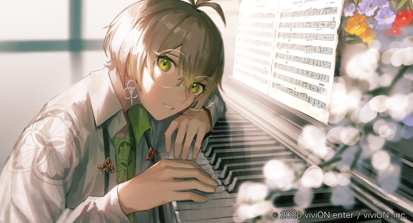 1boy, androgynous, blurry, blurry_background, character_request, clock_over_orquesta, collared_shirt, commentary_request