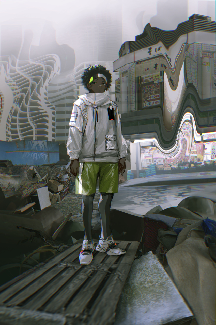 1boy, afro, bandaid, bandaid_on_nose, black_eyes, black_hair, black_legwear, building
