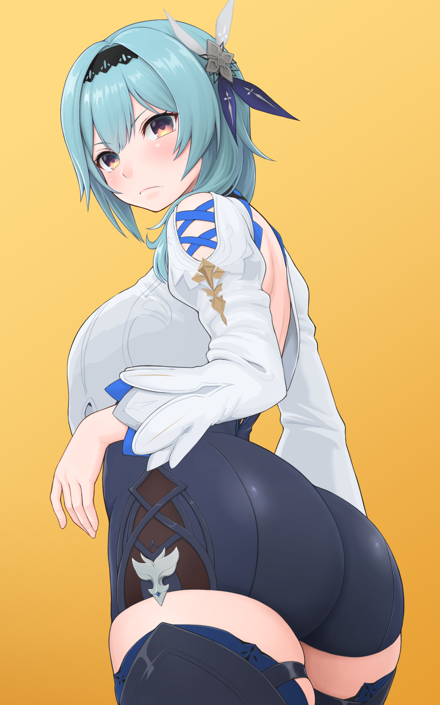 1girl, ass, bangs, black_hairband, blue_hair, blush, breasts, duzimura