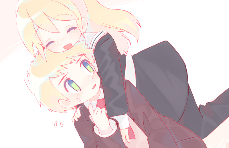 1boy, 1girl, 2y_(tsuyu), ^_^, belle_(crossbone_gundam_ghost), black_pants, brother_and_sister, closed_eyes, collared_shirt, crossbone_gundam, crossbone_gundam_dust, crossbone_gundam_ghost, eyebrows_visible_through_hair, green_eyes, gundam, hair_behind_ear, hug, hug_from_behind, looking_back, necktie, nicole_dogatie, pants, pointing, pointing_at_self, red_necktie, shirt, siblings, smile, surprised, white_shirt