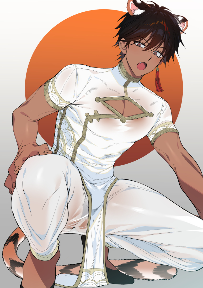 1boy, absurdres, alfi_(tok), animal_ears, black_footwear, brown_eyes, brown_hair, china_dress, chinese_clothes, cleavage_cutout, clothing_cutout, commentary_request, dark-skinned_male, dark_skin, dress, earrings, english_commentary, fang, full_body, gradient, gradient_background, grey_background, hand_on_own_knee, highres, jewelry, looking_at_viewer, male_focus, mixed-language_commentary, open_mouth, orange_background, original, pants, pectoral_cleavage, pectorals, see-through_pants, short_hair, short_sleeves, single_earring, slippers, solo, squatting, tail, tassel, tassel_earrings, tiger_ears, tiger_tail, white_background, white_dress, white_pants
