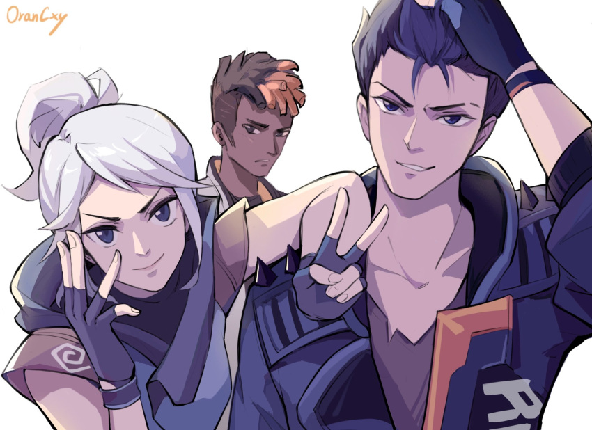 1girl, 2boys, black_hair, blue_eyes, blue_gloves, blue_jacket, brown_eyes, collarbone