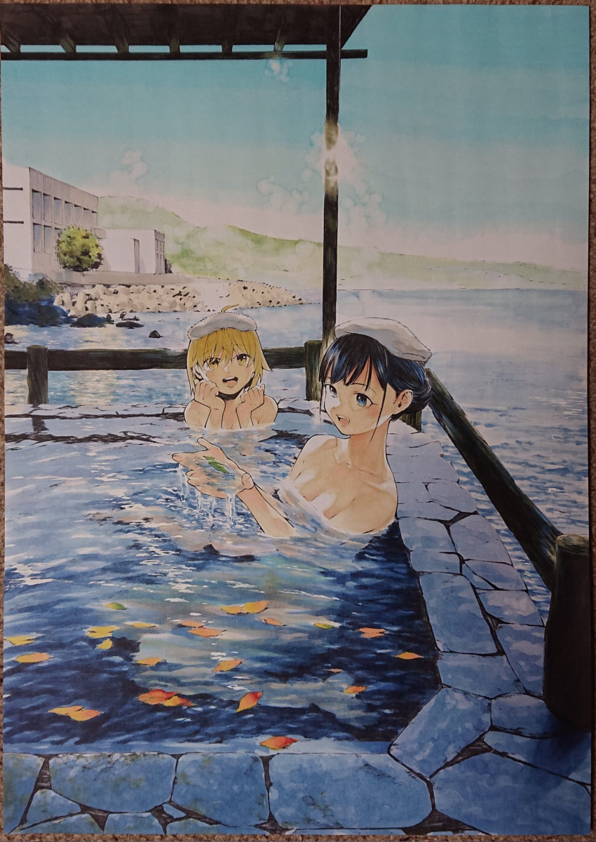 2girls, afloat, afloat_leaves, ahoge, black_hair, blonde_hair, blue_eyes, blush