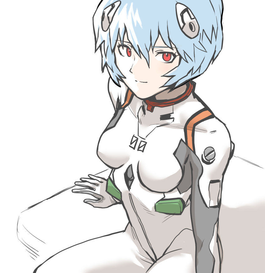 1girl, ayanami_rei, blue_hair, collarbone, covered_collarbone, covered_nipples, eyebrows_visible_through_hair, eyelashes, golaegun, hair_between_eyes, headgear, highres, light_blue_hair, looking_at_viewer, neon_genesis_evangelion, plugsuit, red_eyes, short_hair, simple_background, sitting, smile, solo, white_background