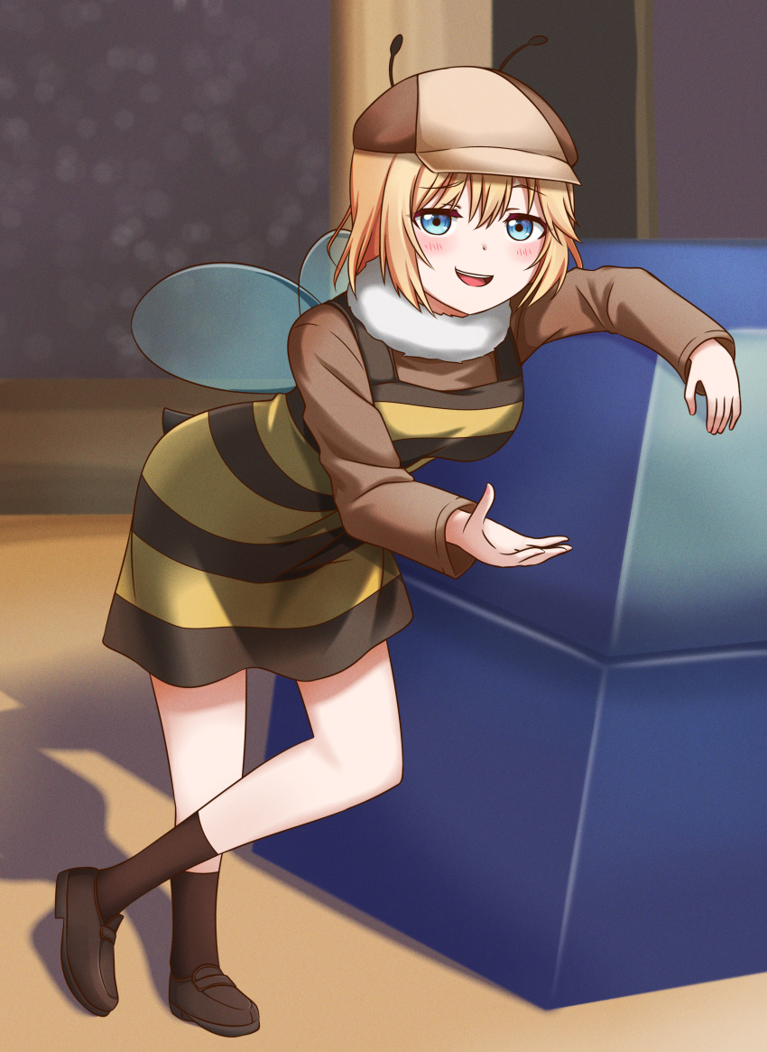 1girl, absurdres, antennae, bee_costume, bee_movie, black_dress, blonde_hair, blue_eyes