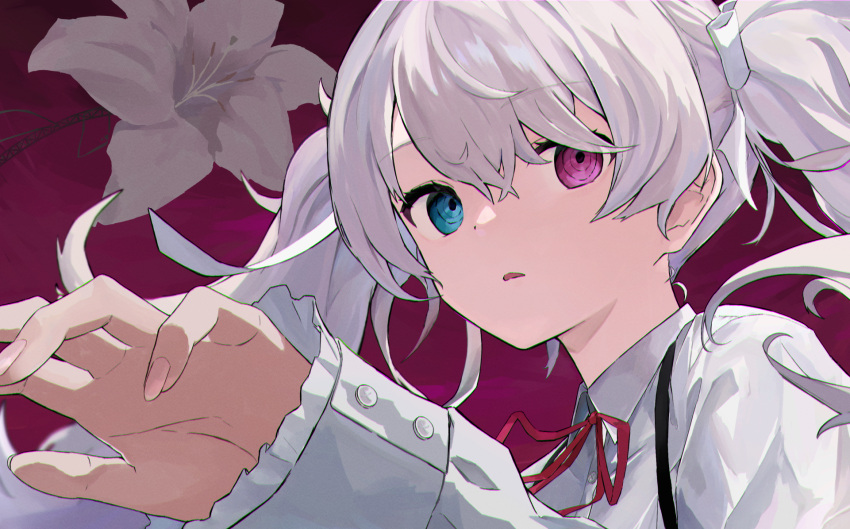 1girl, 25-ji_miku, ace_kin, bangs, blue_eyes, collared_shirt, eyebrows_visible_through_hair, flower
