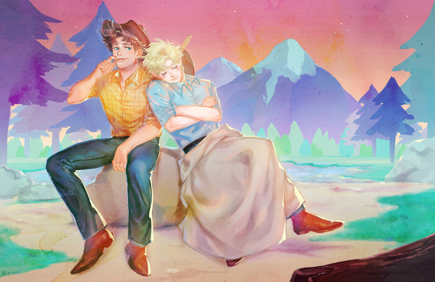 2boys, battle_tendency, blanket, blonde_hair, brokeback_mountain, caesar_anthonio_zeppeli, cigarette, cowboy_hat