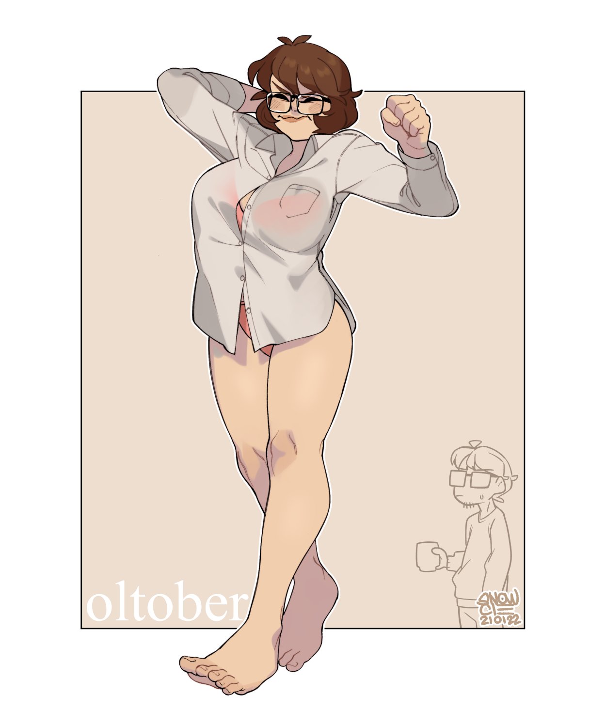 1boy, 1girl, artist_self-insert, barefoot, beige_background, blush, border, bra