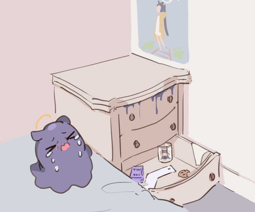 >_<, blush, cookie, crying, cumjar_(meme), drawer, food, halo