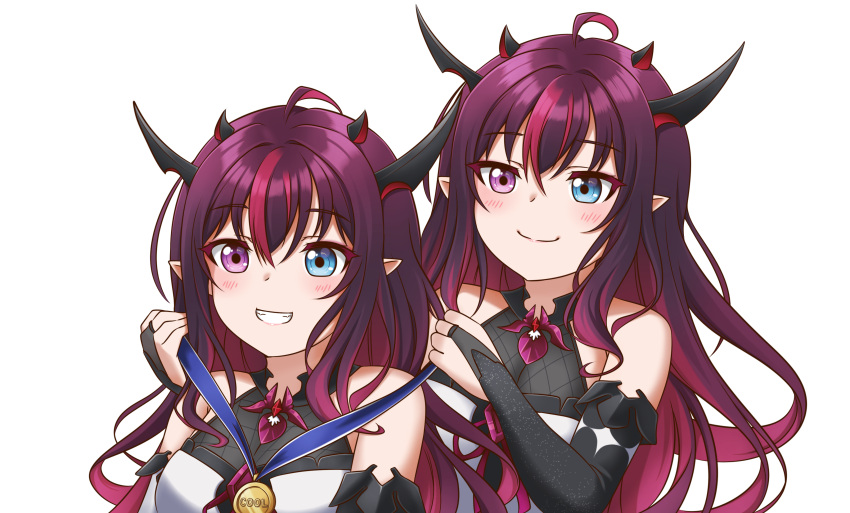 2girls, absurdres, bangs, blue_eyes, blush, breasts, detached_sleeves, dual_persona