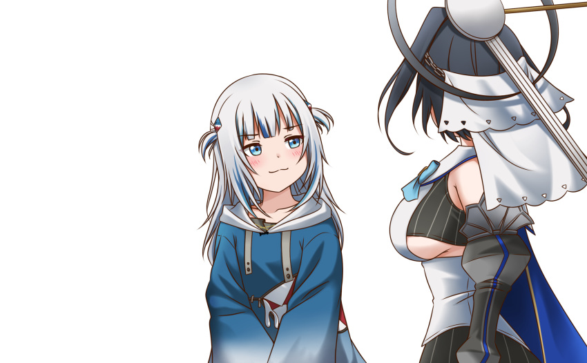2girls, :3, absurdres, black_hair, blue_eyes, blue_hair, blue_hoodie, blush, breasts, commentary, detached_sleeves, drake_&amp;_josh, english_commentary, eyebrows_visible_through_hair, gawr_gura, halo, highres, hololive, hololive_english, hood, hoodie, jan_azure, large_breasts, looking_to_the_side, looking_up, mechanical_halo, medium_hair, meme, multicolored_hair, multiple_girls, ouro_kronii, short_hair, sideboob, silver_hair, streaked_hair, two_side_up, virtual_youtuber, water, watercraft, where's_the_door_hole?_(meme)