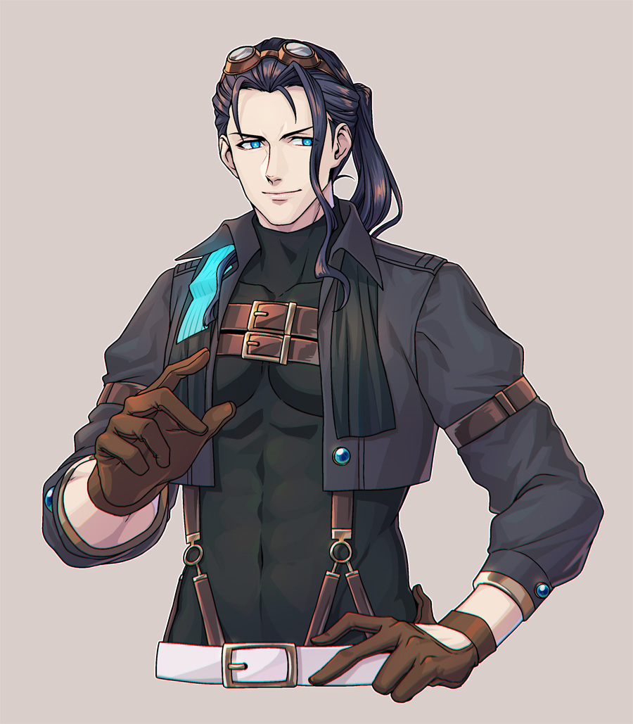 1boy, ahoge, black_hair, blue_eyes, brown_gloves, chest_strap, closed_mouth, commentary_request