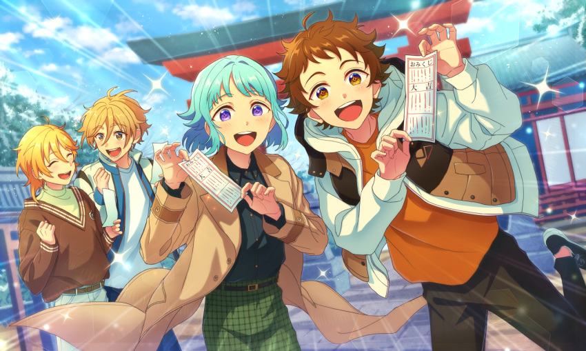 4boys, ahoge, belt, black_shirt, blonde_hair, blue_hair, blue_pants, blue_sky, blunt_ends, brown_belt, brown_coat, brown_footwear, brown_hair, brown_pants, brown_sweater, buttons, clenched_hand, closed_eyes, coat, commentary_request, cowboy_shot, ensemble_stars!, excited, eyebrows_visible_through_hair, foot_out_of_frame, green_pants, hair_between_eyes, hanzou_(naruco174), happy, holding, holding_paper, jacket, long_sleeves, mashiro_tomoya, multiple_boys, nito_nazuna, open_clothes, open_jacket, open_mouth, orange_shirt, outdoors, pants, paper, plaid, plaid_legwear, rabbits_(ensemble_stars!), shino_hajime, shirt, shoes, short_hair, shrine, sky, smile, sparkle, sparkling_eyes, sweater, teeth, tenma_mitsuru, tongue, torii, translation_request, tree, upper_teeth, violet_eyes, white_jacket, white_pants, white_shirt, yellow_eyes