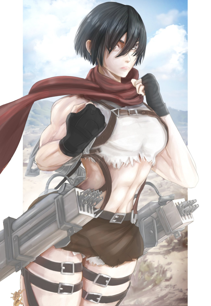 1girl, abs, alternate_eye_color, belt, biceps, black_gloves, black_hair, blue_sky