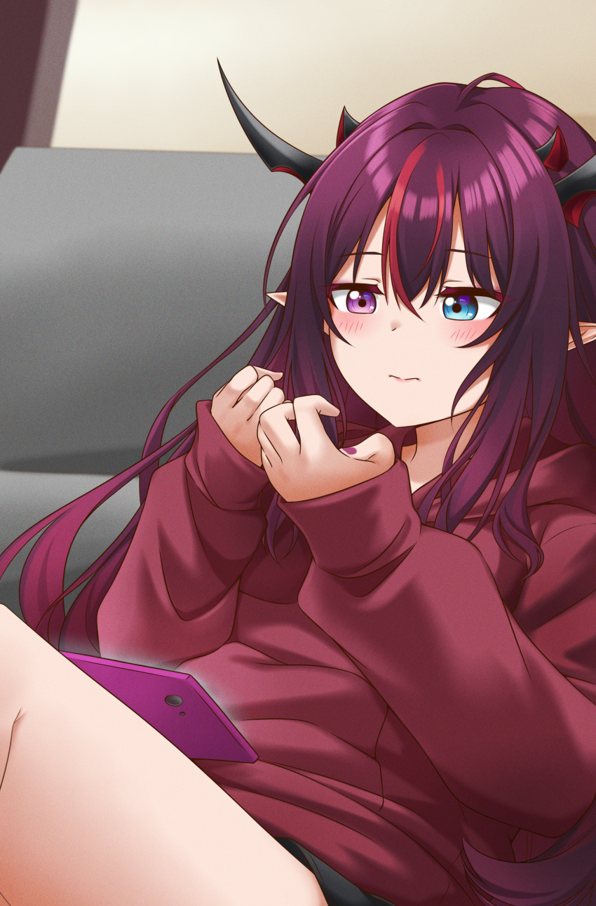 1girl, absurdres, bangs, black_shorts, blush, cellphone, couch, gacha