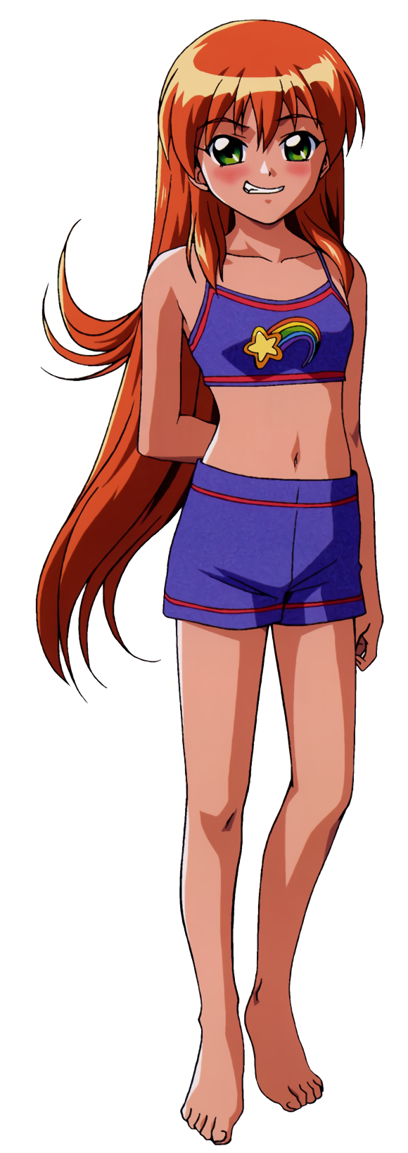 1990s_(style), 1girl, akai_homura, arm_behind_back, bangs, barefoot, blue_swimsuit, blush