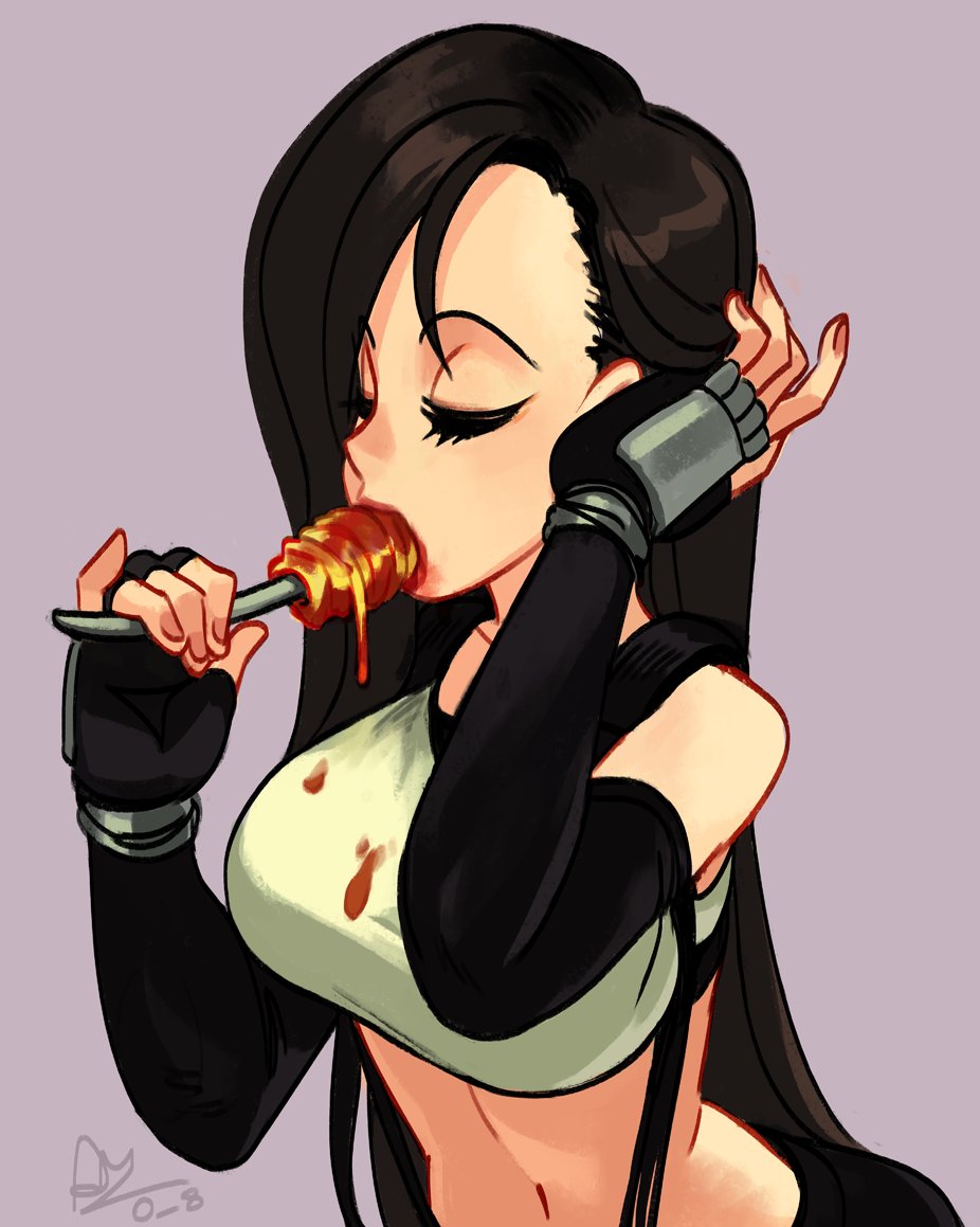 1girl, alex_ahad, artist_name, black_hair, black_skirt, crop_top, eating, final_fantasy
