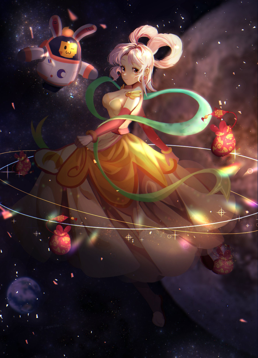 1girl, 1other, 2mh41block, ;3, absurdres, animal_ears, bangs, bare_shoulders, blush, brawl_stars, breasts, clothes_lift, commentary, crescent_print, dress, dress_lift, elbow_gloves, eyelashes, floating, full_body, gloves, hagoromo, hair_rings, highres, large_breasts, lifted_by_self, light_particles, looking_at_viewer, official_alternate_costume, one_eye_closed, parted_bangs, pink_eyes, pink_hair, piper_(brawl_stars), rabbit_ears, red_gloves, robot, shawl, smile, space, sparkle, sprout_(brawl_stars), sticky_note, tied_hair, yellow_dress